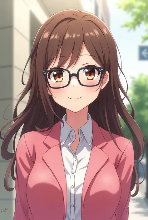  anime social worker with square glasses, long hair and wearing a pink jacket 