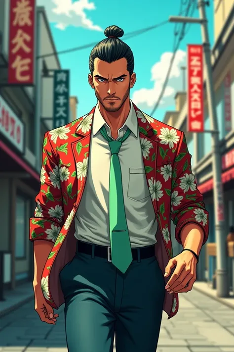 Yakuza. Slick back hair and small tuff of hair falling down his forehead. Grey eyes. loose pastel green tie around neck. Hawaiian print jacket and shirt. anime art style. Walking through Japan street.