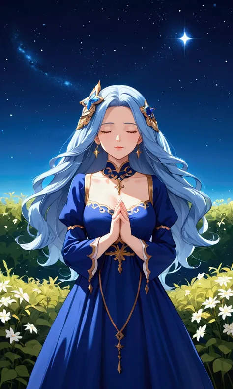 closed eyes, 1girl, save the earth, long hair+++, blue hair, blue beautiful dress, fantasy, big hair ornament, pray+++, starry sky
