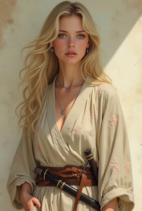 A young woman with long, slightly windswept blonde hair and captivating light blue eyes, stands against a textured, light beige wall. She wears a loose, flowing kimono-style garment in muted beige tones, adorned with a subtle floral pattern of pale pink bl...