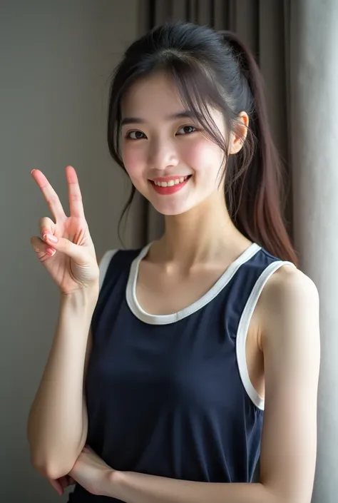 A young woman with long, dark hair tied back in a ponytail, wearing a sleeveless navy blue top with white trim. She is indoors, with a neutral-toned curtain in the background. Her right hand is raised, making a peace sign with her fingers, while her left h...