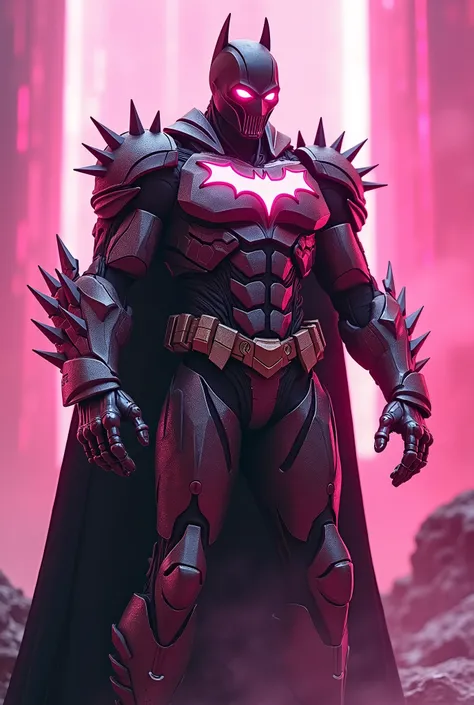 breathtaking cinematic science fiction photo of a portrait of a non human masked Grim dressed as a moonknight dressed as The futuristic completely masked batman with a male body with a well designed mask with glowing eyes knight with metal spikes in pink a...