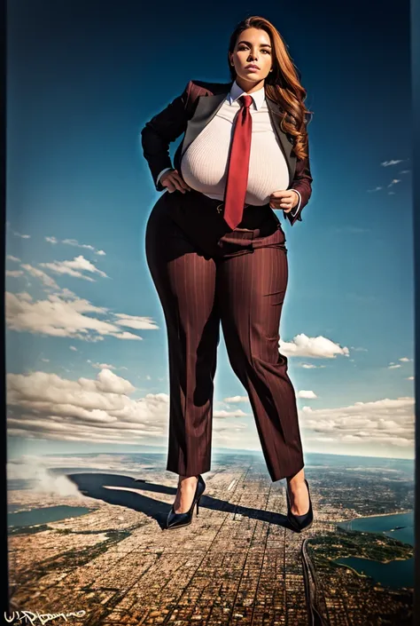 Giantess art, 100 miles tall giga giantess, sophisticated and stylish woman in a light grey italian pinstriped trouser suit, form fitting crisp white office shirt, and a large wide crimson necktie in a windsor knot, with a beautiful, curvaceous figure, lar...