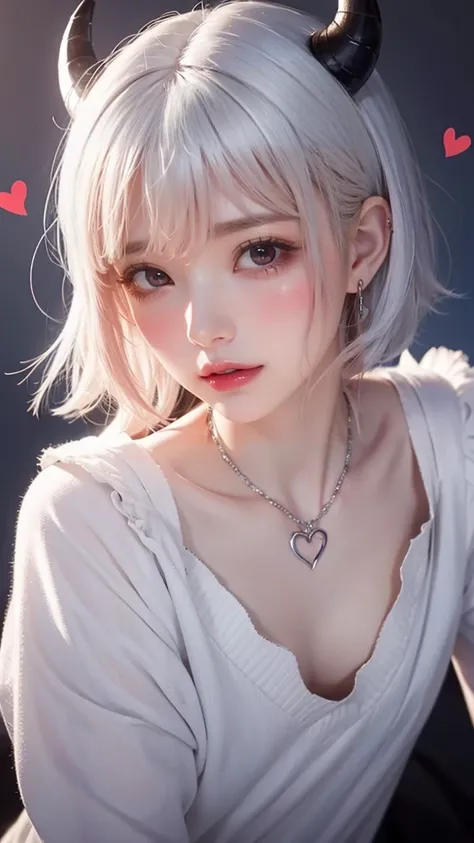 masterpiece,  top quality, 1girl,small,Small chest,short hair,white hair, Sharp teeth,Fangs,necklace, blue eyes , heart shaped pupil,Devil&#39;s Horns, Blush,(outdoor,[asphalt floor,Traffic light , road sign ), looking at the audience