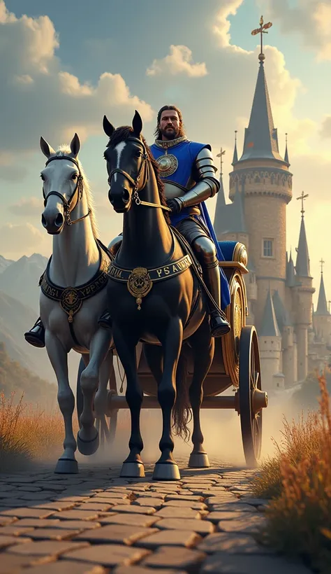 A heroic and vibrant scene inspired by the work of Alexandre Dumas, set on a paved road leading to a medieval castle on the horizon. At the center of the composition is Porthos, one of the iconic musketeers, depicted as a robust and majestic man. He wears ...