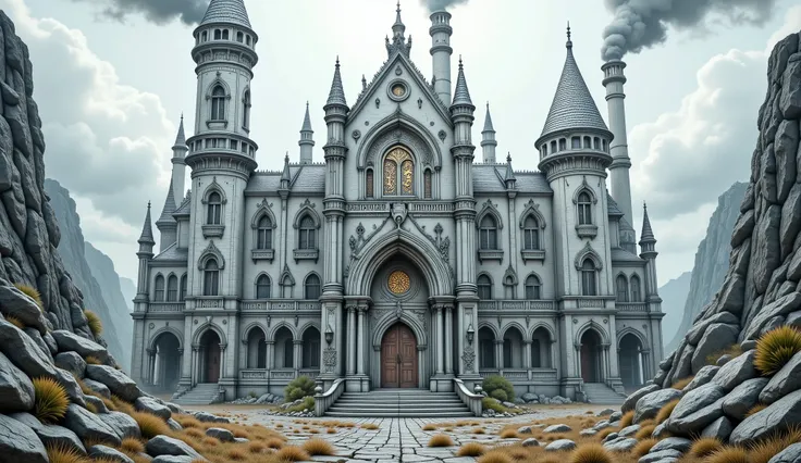 Wide view, futuristic, Sci-fi cinematic scene. Rural Wasteland national background. the giant Armored Steampunk palace, white stone Gothic style Palace. Machine elements, metal and chimery smoking. Golden runes and cybernectic line decorate, Grimmdark, mec...