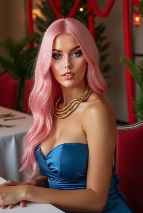 A woman with long, sleek pink hair is sitting at a decorated table. She wears a blue satin dress and a gold snake-shaped necklace, big boobs cleavage exuding elegance and sophistication. The lighting enhances her radiant makeup and focused gaze as she look...