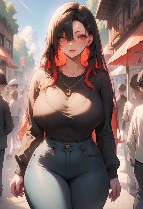 MILF, big breasts, thick thighs, long rainbow colored hair, red eyes, black shirt, black jeans, in a crowded place