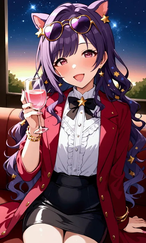 anime teen furry female purple long hair tight red coat tight black skirt perfect anatomy perfect light perfect shadows solo focus sitting juicy pink lips complex background yandere seductive smile open mouth blush holding juice glass bracelet, starry sky ...