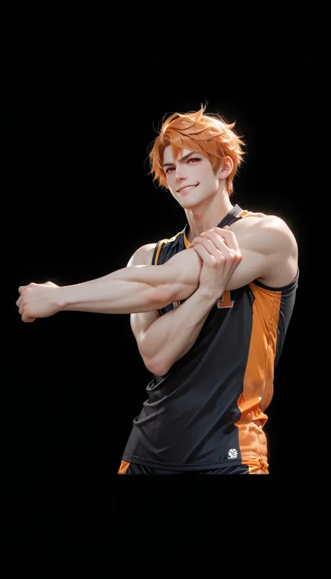  close-up image of a man wearing a black and orange volleyball uniform,  handsome warm-up pose , strongest pose , pose( arms to the side  + smirk nyengir), Orange hair,  front tie hair , red eyes,  volleyball court background 