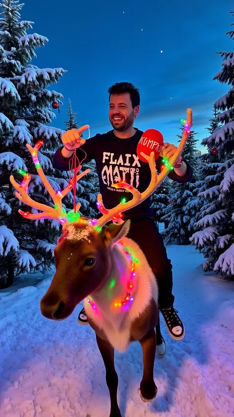 prompt
A vibrant and cinematic Christmas adventure featuring a dashing, handsome man riding a reindeer galloping at full speed through a snowy winter wonderland. The reindeer is adorned with glowing multicolor LED Christmas lights that illuminate the snowy...