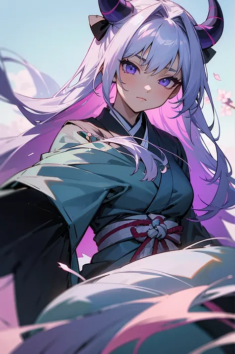 ((best quality)), ((masterpiece)), (detailed), perfect face.
 create a character in the style of the anime Demon Slayer,  with these characteristics : 
 •Appearance :  long silver hair , always tied with a side braid;  lilac eyes that seem to glow in the d...