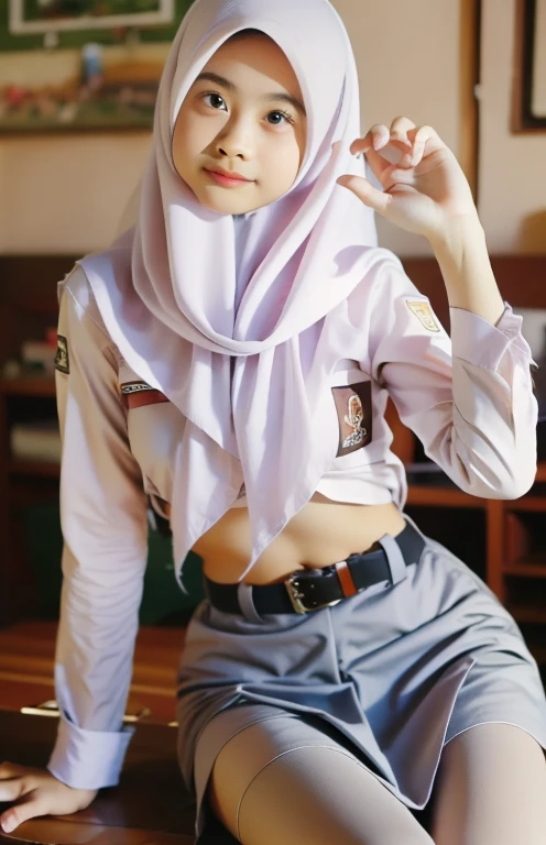 ((( Ultra-HD quality detail ))), close-up face, Gen Z girls in hijab, ultra thin long-sleeved shirt,  open belly button , indistinct, short thin silk skirt, wind blows lifting skirt, showing white panties, low waisted buckle belt (like a belly dancer), bow...