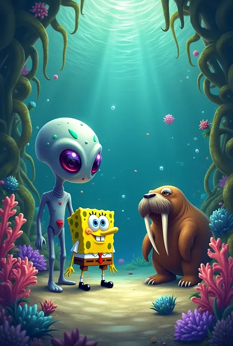 SpongeBob with alien and walrus