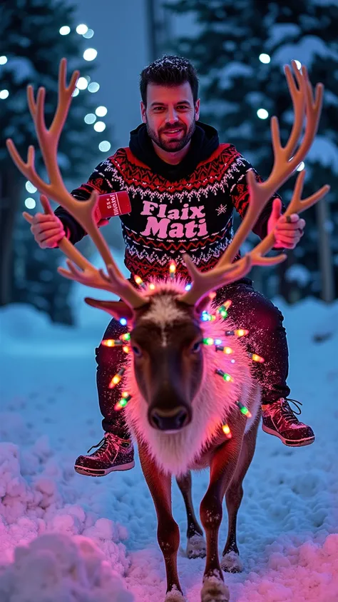 prompt
A hyper-realistic and cinematic winter scene featuring a strikingly handsome man riding a reindeer galloping at incredible speed through a snowy landscape. The reindeer is wrapped in dazzling multicolor LED Christmas lights that glow brightly agains...