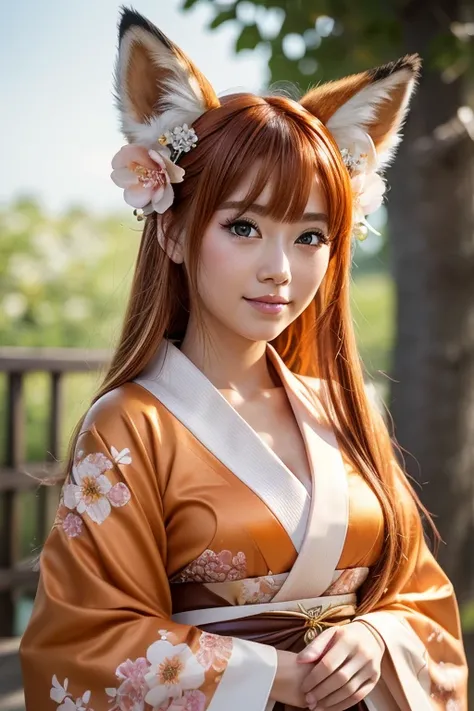  masterpiece ,  best quality ,  highly detailed , 1 , Alone, (:3:0.9), animal ear fluff,  animal ears,  orange hair, Soft hair, Blush,  brown eyes , flower,  fox ears , fox girl, gradient, gradient background, hair flower, hair ornament,  Japanese clothes,...