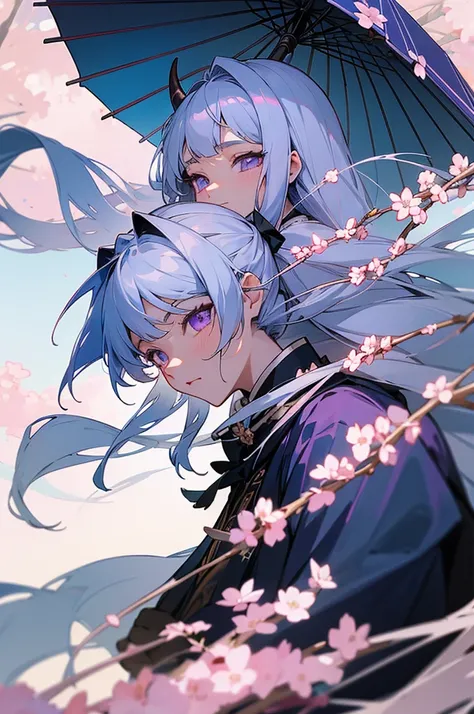 ((best quality)), ((masterpiece)), (detailed), perfect face.
 create a character in the style of the anime Demon Slayer,  with these characteristics : 
 long silver hair , always tied with a side braid;  lilac eyes that seem to glow in the dark . Wear a da...