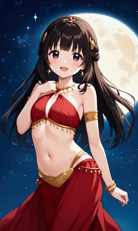 masterpiece++, best quality+++, ultra-detailed++, extremely detailed+, cute+, lovely++, ilustration, a child girl, solo, (beautiful sky)+, (full moon),(starry sky), light smile,long hair, open mouth,kawaii++, cute, lovely+,Dancers Clothes,getting red in th...