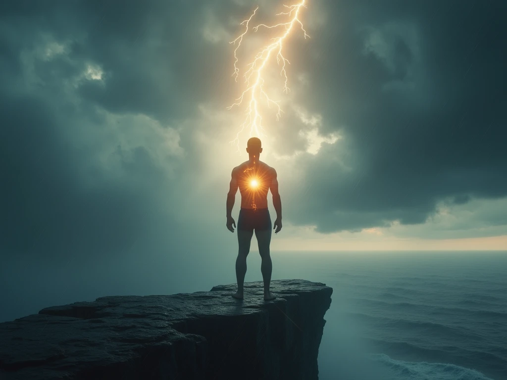 A figure standing at the edge of a cliff, facing a stormy horizon. The storm is symbolic of the financial challenges they are facing. However, behind them, rays of light break through the clouds, illuminating their path forward. Their body is surrounded by...