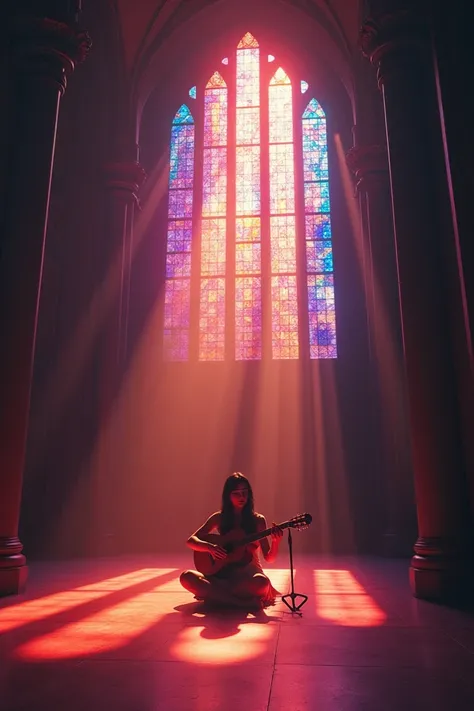 You are inside a large church decorated with vibrantly colored stained glass. Multicolored light beams filtering from the walls complete the sacred atmosphere of the church. A woman wearing a short dress sits in the middle of the large area. The woman play...