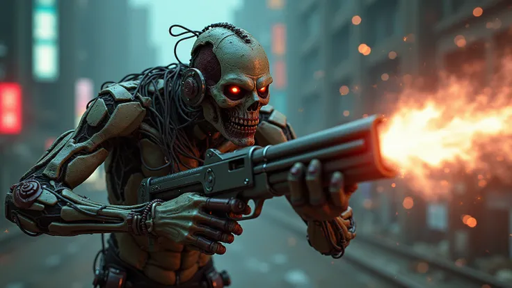 a zombie cyborg, cyberpunk style realistic, posing after shooting a futuristic weapon