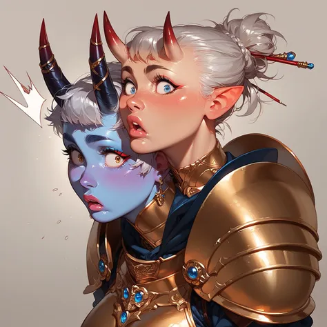 1girl, big butt, demon, oni, navy blue skin, updo haircut, hair bun, short hair, silver hair, looking back, shocked, surprised, lip stick, lip gloss, glossy lips, muscular, horns on head, ebony armor, knight
