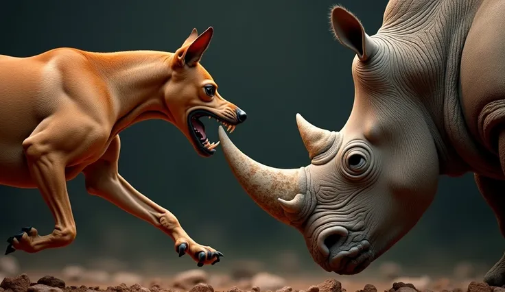  Close-up of an improved masterpiece:1.5)0.9] A pinscher dog fighting a rhinoceros 