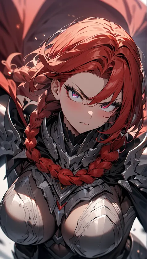 1girl,solo,super detailed skin, mature woman, wearing heavy armor and cape, long red hair, braid, serious face, detailed eyes,eyelashes,perfect body, perfect curves, vibrant colors,masterpiece,best quality,ultra detailed,high resolution,sharp focus,depth o...