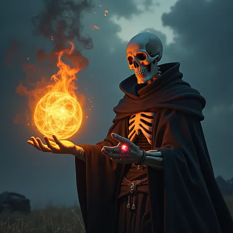 Skeleton - fire mage holds fire in his right hand and has a ring with a ruby on his index finger And he directs the fireball to the left