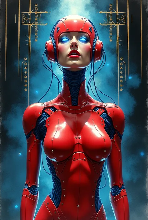 An art nouveau style watercolor image of a very slender female android wearing red metal armor. Many blue cables attached to her head. Blue glowing eyes. Eyes and mouth wide open. Druillet style. Enki Bilal. Mesmerizing look. Ornamental dark neonlight back...