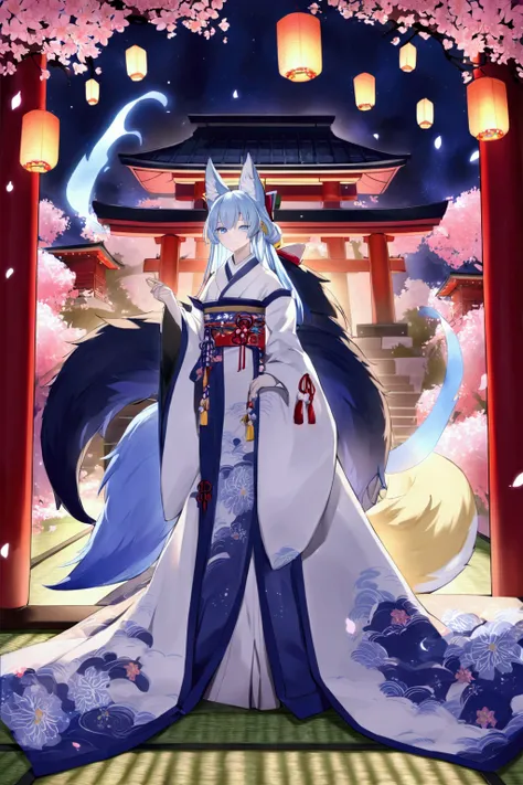 torii　Shrine maiden　Nine-Tailed Fox　fox Light blue hair 　beast girl　indigo fur　fox beast girl　fox Light blue hair 　beast girl　indigo fur　fox beast girl　Wallpaper 4k,8k,highly detailled,,vivid colors,detailed kitsune with 9 tails,traditional Japanese artwor...