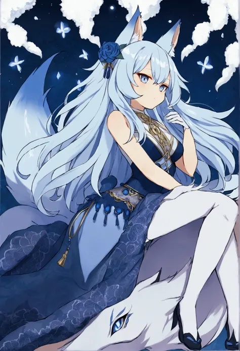 fox Light blue hair 　beast girl　indigo fur　fox beast girl　