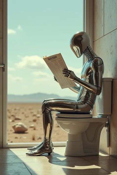 Create an image of Silver pooping in a bathroom in the middle of nowhere, reading a newspaper