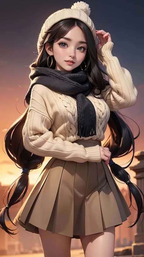 20 year old woman、(masterpiece:1.4)、(highest quality:1.4)、ultra high resolution、A little anime style、beautiful features、black long hair、knit hat、checkered scarf、earrings、wearing woolen gloves、Beige sweater、pleated skirt、black tights、(huge breasts:1.1)、red ...