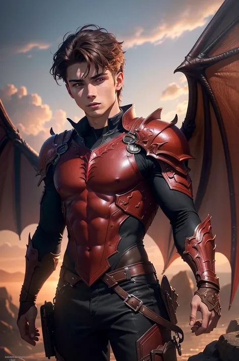 a 20-year-old male with brown hair, red eyes, red leathery dragon wings, detailed face, muscular body, fantasy creature, dramatic lighting, cinematic composition, rich colors, digital art, concept art, vibrant, (best quality,4k,8k,highres,masterpiece:1.2),...