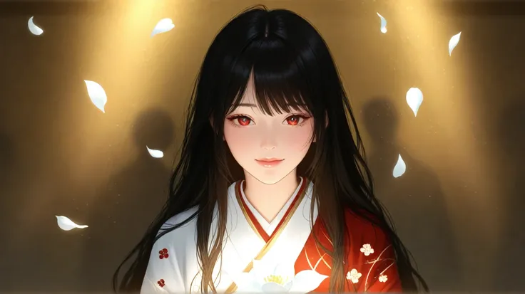  An anime-style female character is at the center of the image ,  surrounded by a serene and ethereal atmosphere .  She has long black hair , smooth and flowing,  illuminated by soft rays of light that cross the scene .  Her eyes are calm and confident ,  ...