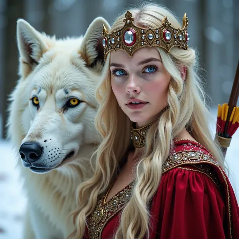 woman of about 24 years old white ,  blue eyes and golden hair . beautiful, with a crown and a red dress,  with a background of a snow forest .  with a red cape for the cold and challenging look.  with a bow and arrow and next to him a white wolf ,  big wi...