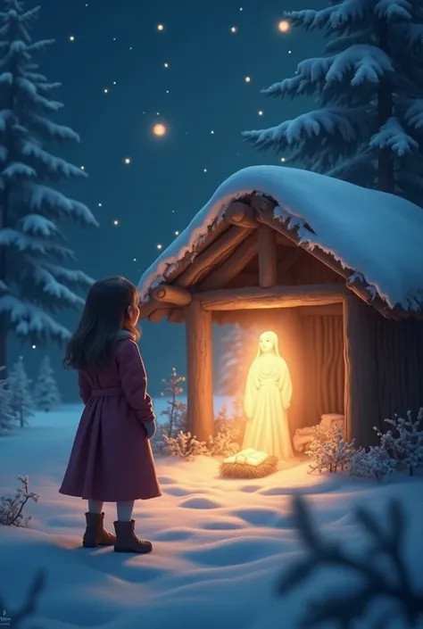 The true magic of Christmas where the girl and the figure of the boy Jesus also appear in the manger on a cold night. IN ANIMATED VERSION