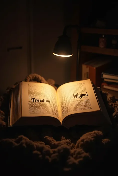 Itirr this idea ,  the photograph shows a  reading a book illuminated by a warm light,  while around it the space will be dark and cluttered , symbolizing adversities .  Words such as “Freedom” will be written on the pages of the book,  “Equality” and “Dig...