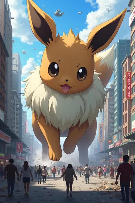 Make a Gigantic Eevee smashing everything in the city with people running for their lives and buildings 