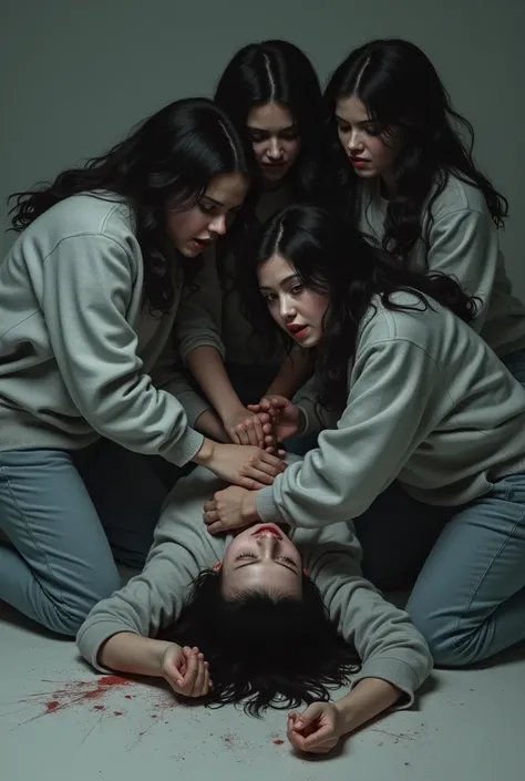 Group of girls wearing gray sweaters and loose pants strangling a girl all together with their hands on the floor 