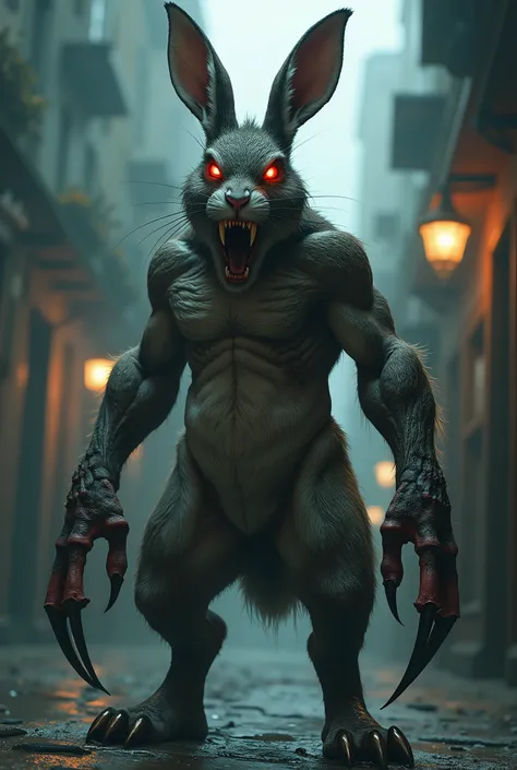 Concept art d’une version cauchemardesque du Lièvre de Mars d’Alice; il se tient debout comme un humain et a de longs crocs; il est bien plus grand qu’un homme; il est impressionnant et sa musculature est maximale; il a de gigantesques griffes; ses yeux so...