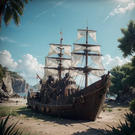  pirate galleons ,  abandoned on the coast ,  covered in weed ,  seems to be a curse, destroyed ,  kinematics, good details, best work ,  light filters  , cyanes CMDK ,  8k ultra, Shadows. 