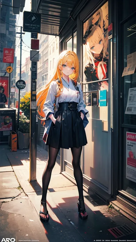 1 girl, yellow hair, blue eye,  Alice wonderland style , cyberpunk, orange and background , hand in pocket , black heels,  High resolution,  long hair ,  High resolution,  masterpiece, necessary,  anatomically correct,  Awarded many times,  Best quality , ...