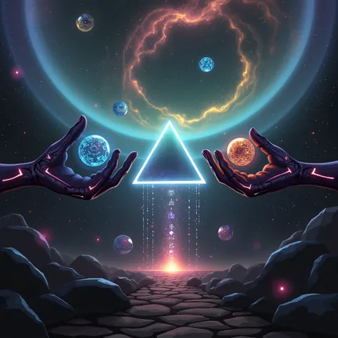 l radiating light beams and particles, representing knowledge and cosmic wisdom. 3. Alien Hands with Orbs: On either side of the triangle, depict two tall alien hands, their surfaces textured with glowing technological markings and veins in neon blue. Each...