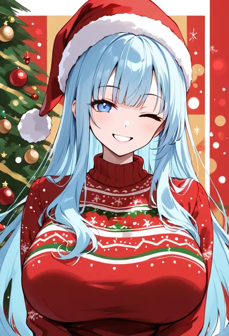 Highest quality, 1girl, solo, light blue hair, long hair, large breasts, Christmas sweater, smiling, wink, Christmas hat, abstract background, portrait 