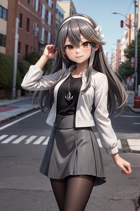 masterpiece, best quality, highres, hmharuna, white hairband, hairclip, anchor necklace, jewelry, white jacket, pantyhose, black shirt, grey skirt, cowboy shot, standing, street, smile,