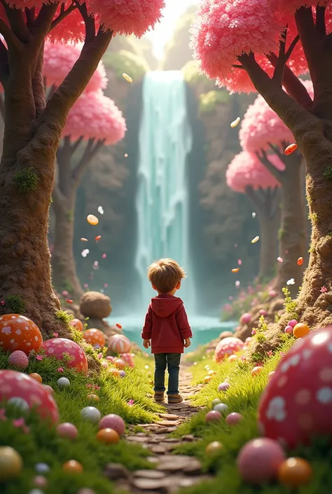 Davi Wonka, a  boy, shows a room of sweet green grass, candies and colorful candies, candy trees, and a waterfall made of melted chocolate.