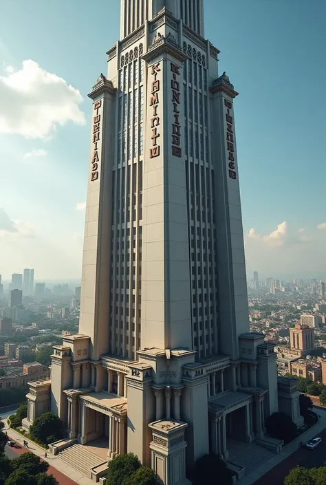 A tall building on which its written the empire of knowledge 