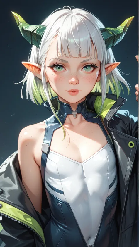 Portrait of an adult dragon girl, mature, looking at the camera, messy short white hair with light green highlights, flat chest, wears a big and long black closed cyberpunk coat jacket zipped up with a tight suit undearneath (small boobs), friendly express...